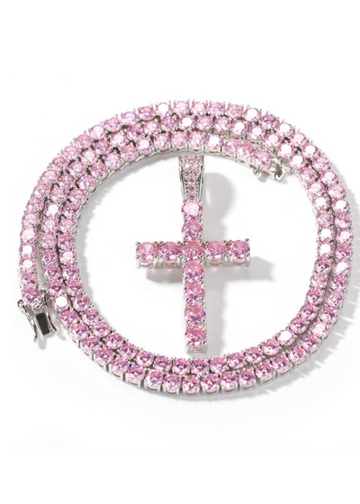 Pink Cross with Tennis Chain 4mm