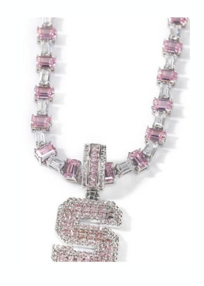 Initial Only Pink CZ Heart Tennis Neckless