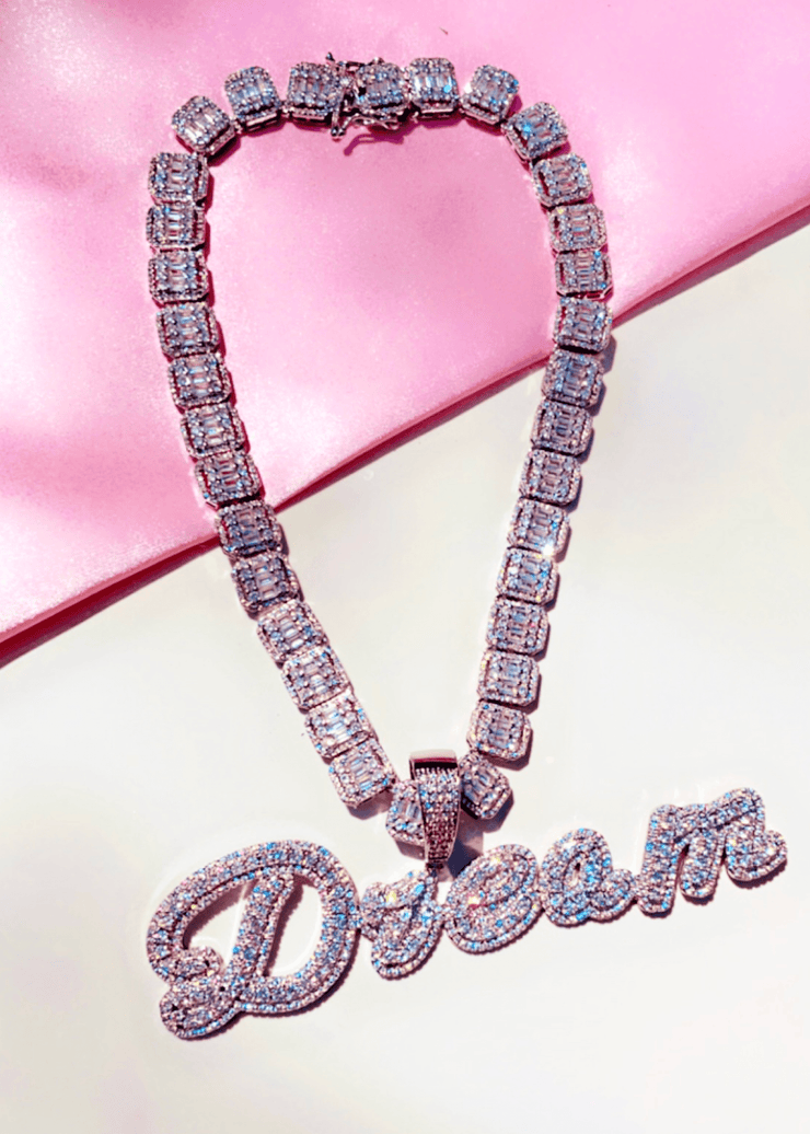 Icey Baguette Chain  with Brush Cursive Letters