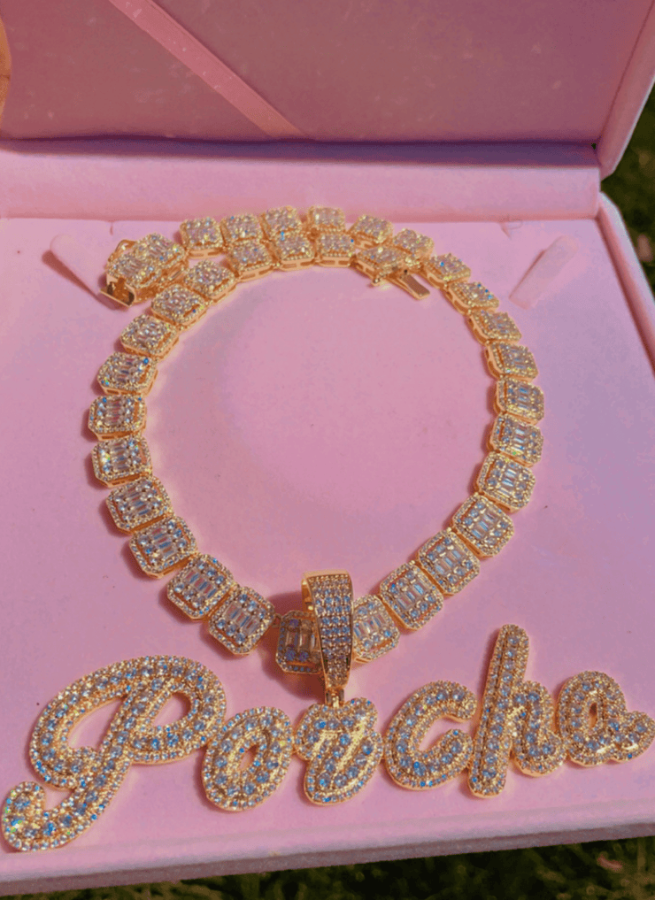 Icey Baguette Chain  with Brush Cursive Letters