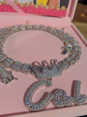 Crown Icey Baguette Chain  with Brush Cursive Letters