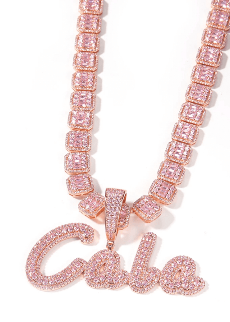 Icey Baguette Chain  with Brush Cursive Letters