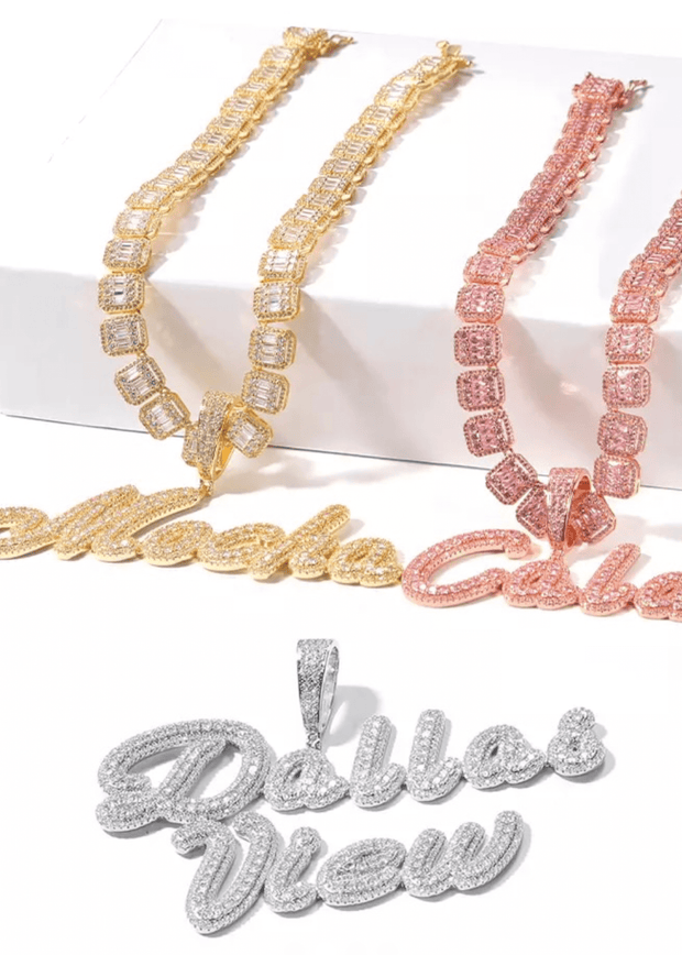 Icey Baguette Chain  with Brush Cursive Letters